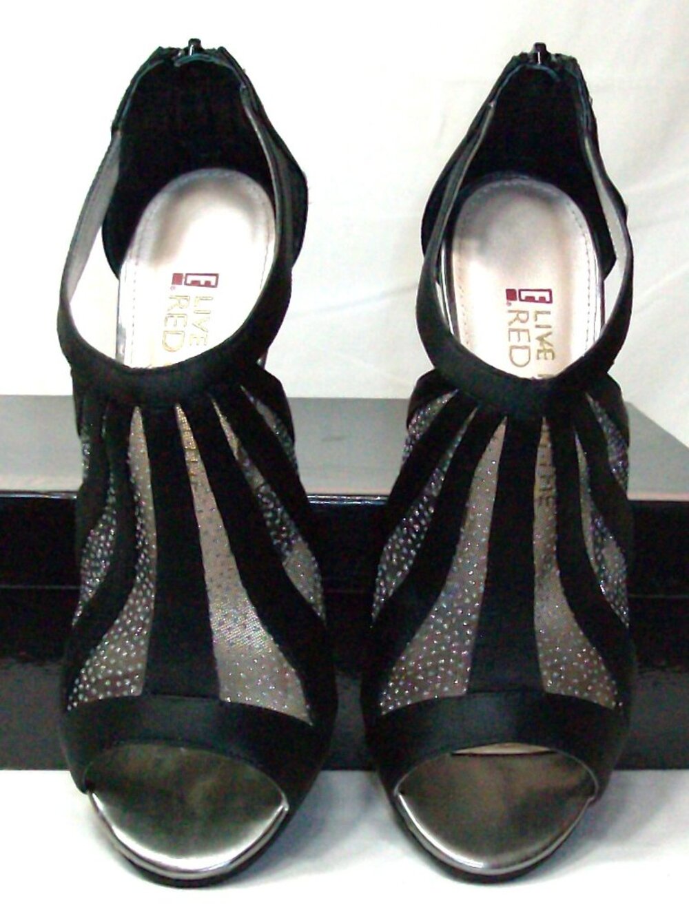 E! Live From the Red Carpet Black Satin Peep Toe Glitter mesh Stilettos 6 1/2M